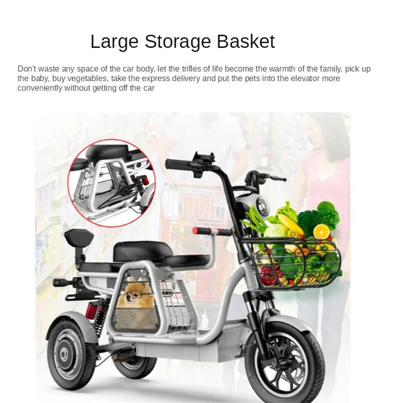 12 Inch Electric Adult Tricycle 3 Wheels Electro-tricycle 500W 48V 30AH, Range 110-120KM, Electric Scooter Seats/Basket