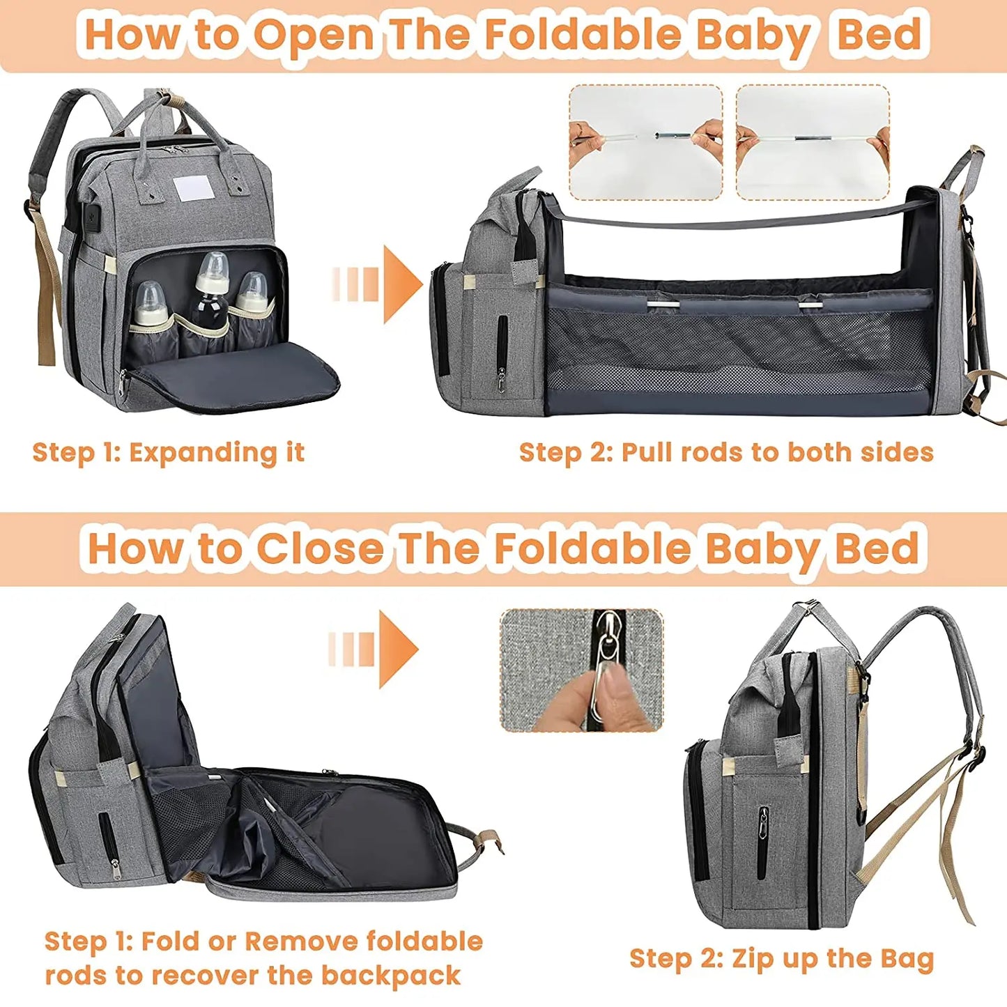 Transformative Mommy Bag with Folding Baby Bed Large Capacity(Milk Bottle Diaper Bag)