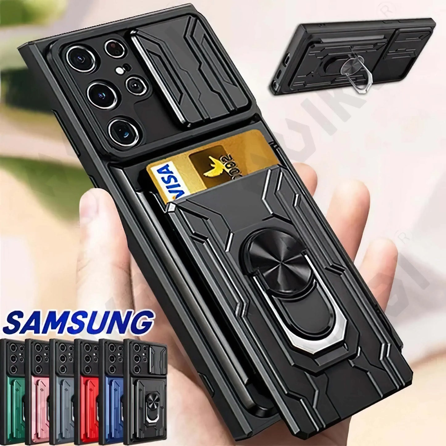 Case For Samsung Galaxy S24 S23 S22 S21 Ultra Plus S20 FE A34 A54 A24 A53 A14 4G 5G  Slide Camera Card Holder 360° Ring Cover